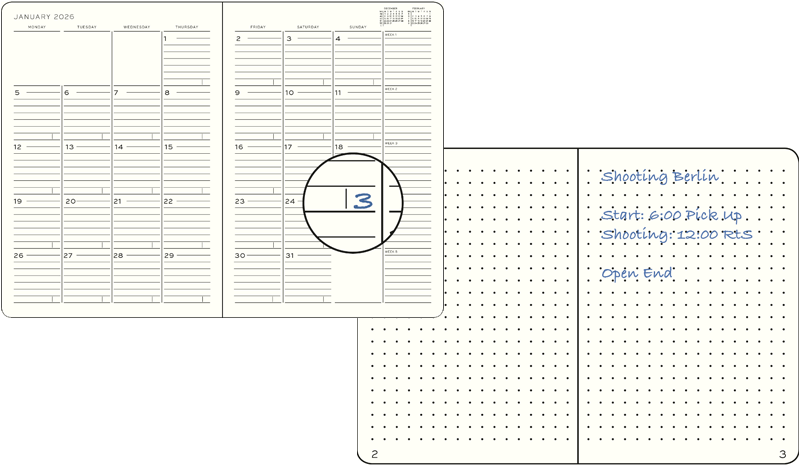 2026 kalender med månedsoversigt og notesbog